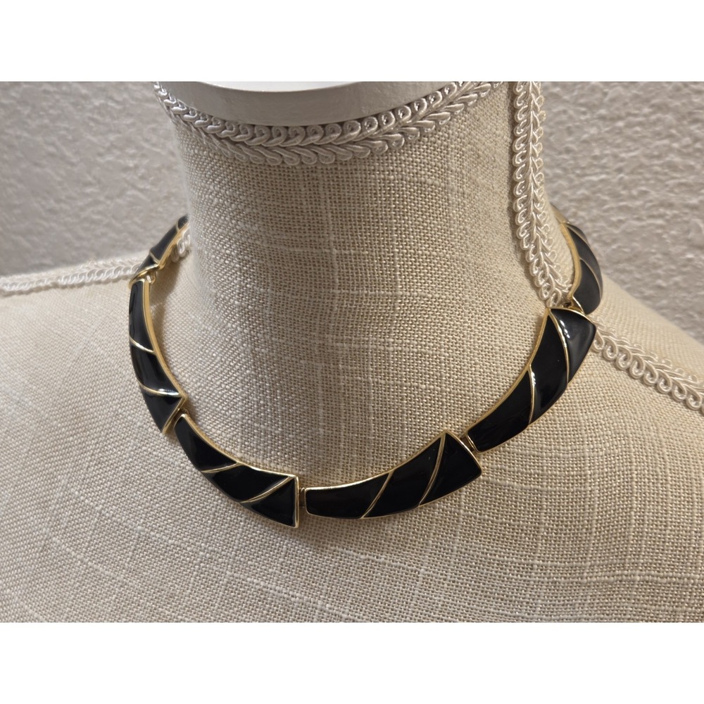 1980s Trifari · Black Enamel Statement Choker Necklace 16.5"